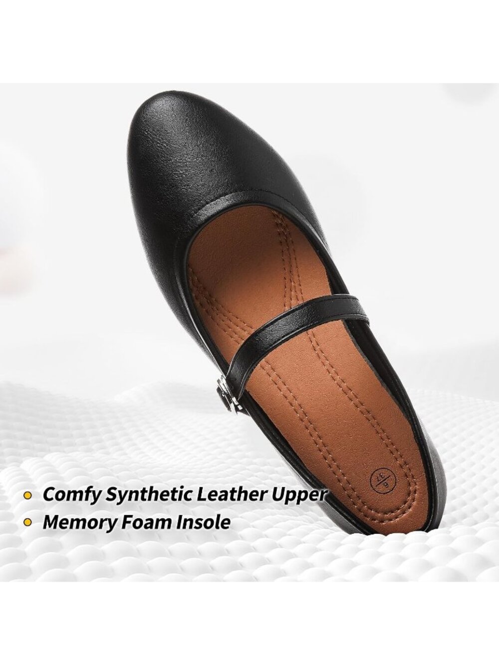 Women's Black Leather Mary Janes Ballet Flat Soft Memory Foam Insole Dress Shoes - Picture 2 of 6